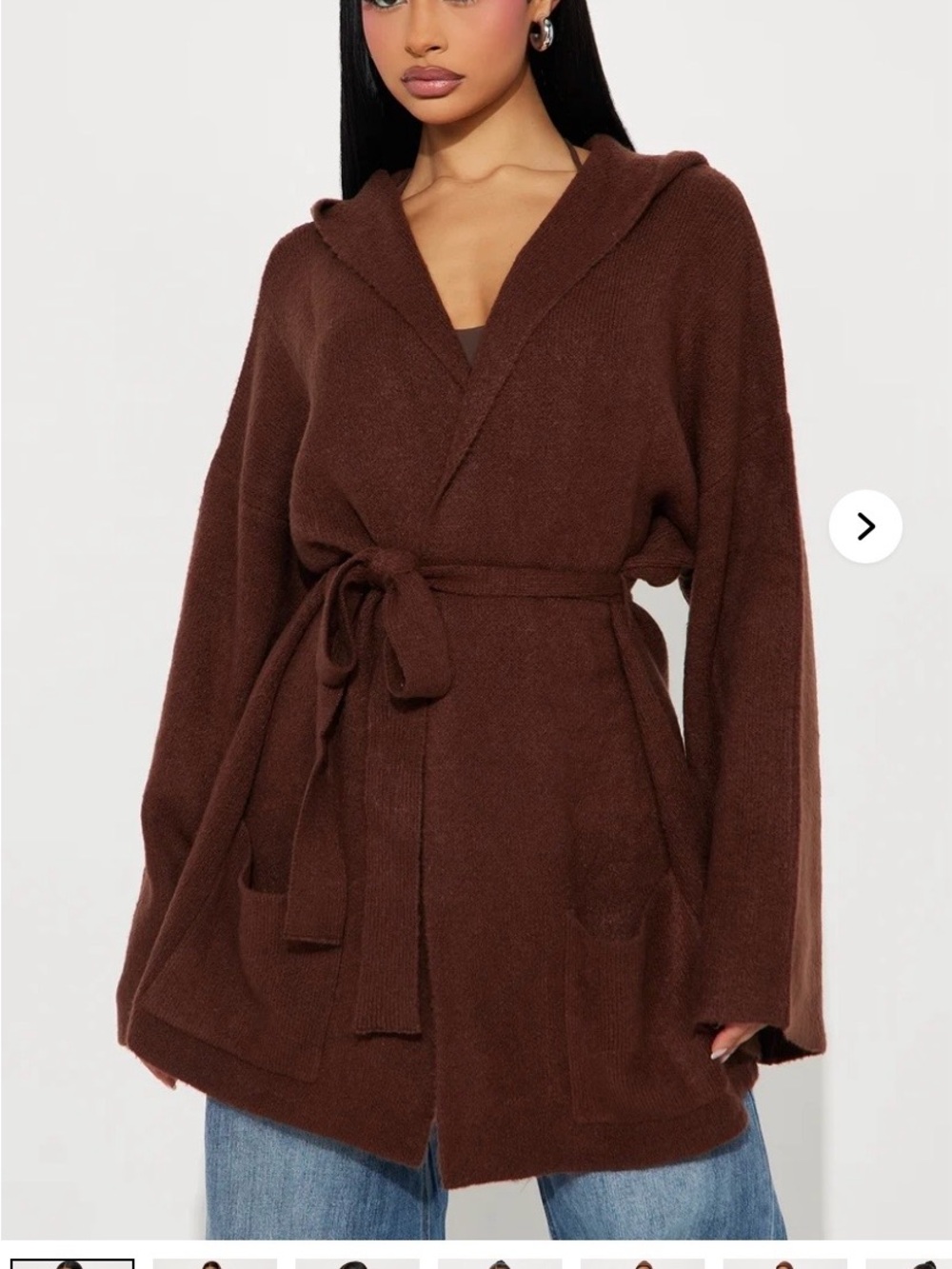 Fashion Nova Chocolate Brown Hooded Wrap Cardigan with Tie